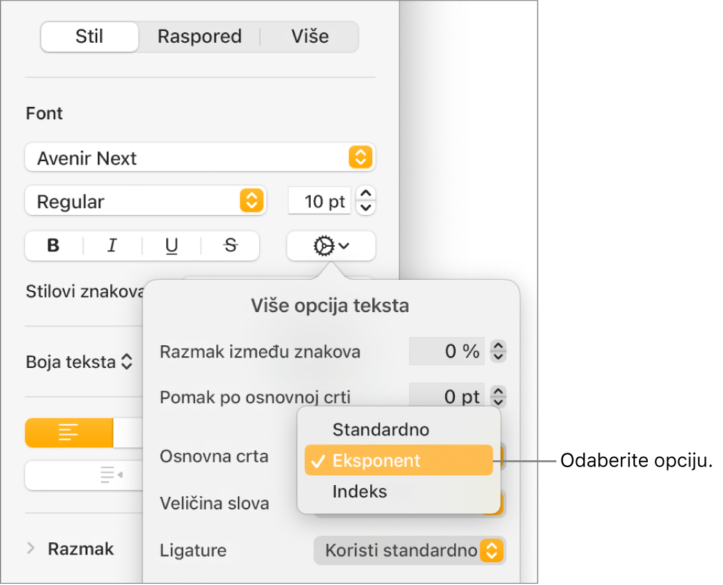 Izbornik Napredne opcije s otvorenim skočnim izbornikom Osnovna crta i prikazom stavki izbornika Standardno, Eksponent i Indeks.