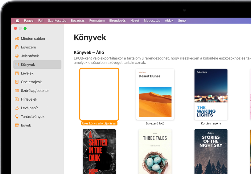 A sablonválasztó, amelynek bal oldalán a Könyvek opció van kiválasztva a kategórialistában, jobb oldalán pedig álló tájolású könyvsablonok láthatók.