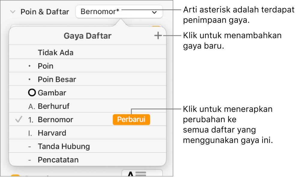 Menu pop-up Gaya Daftar dengan asterisk yang menunjukkan penimpaan dan keterangan pada tombol Gaya Baru, dan submenu pilihan untuk mengelola gaya.