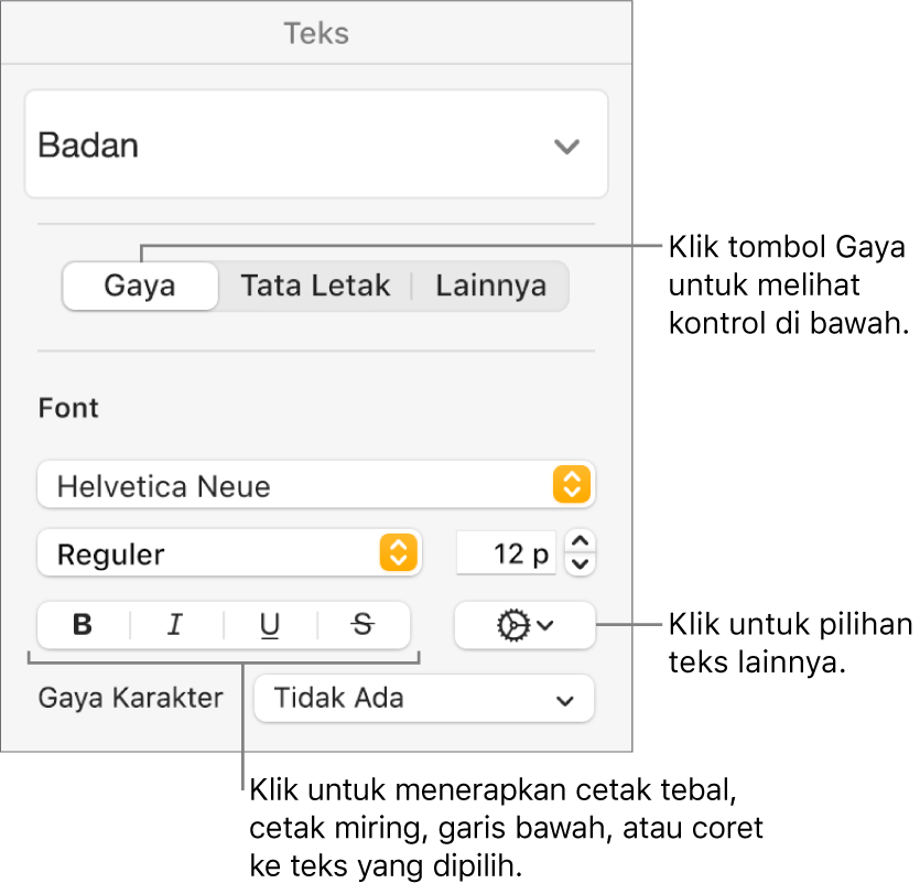 Kontrol Gaya di bar samping Format dengan keterangan pada tombol Tebal, Miring, Garis Bawah, dan Coret.