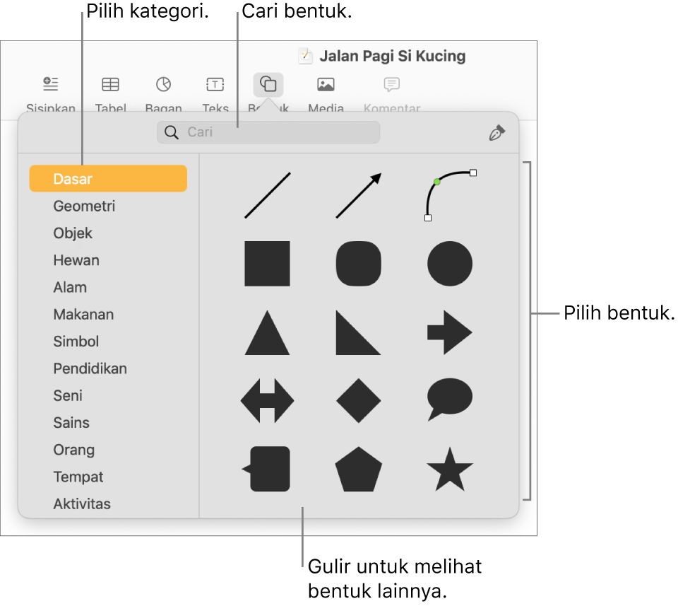 Perpustakaan bentuk, dengan kategori tercantum di kiri dan bentuk ditampilkan di kanan. Anda dapat menggunakan bidang pencarian di bagian atas untuk menemukan bentuk dan menggulir untuk melihat lainnya.