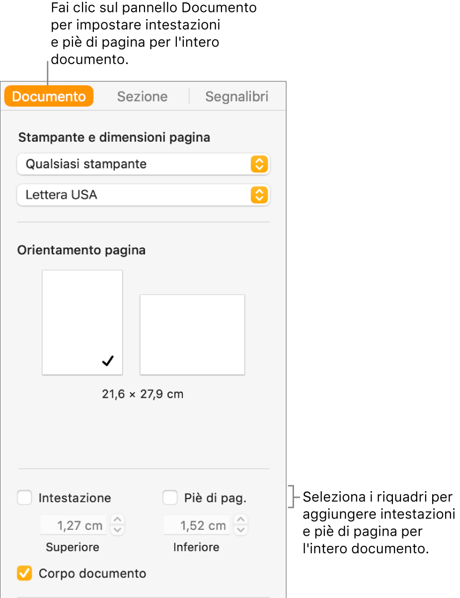 La barra laterale Documento con selezionato il pannello Documento nella parte superiore della barra laterale. Sotto ai riquadri Intestazioni e “Piè di pagina” sono presenti delle frecce utilizzabili per modificare la distanza di intestazioni e piè di pagina dai bordi superiore e inferiore della pagina.