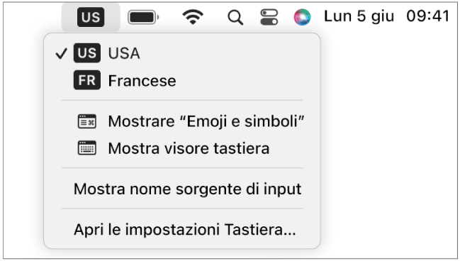 Menu Input nell’angolo superiore destro della barra dei menu.