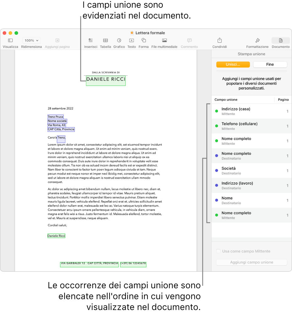 Documento di Pages con i campi unione del destinatario e del mittente e l’elenco delle istanze dei campi unione visibile nella barra laterale del documento.