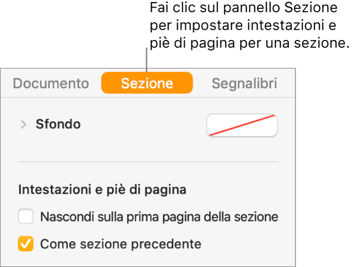 La barra laterale Documento con selezionato il pannello Sezione nella parte superiore la barra laterale. La sezione Intestazioni e Piè di pagina della barra laterale presenta dei riquadri accanto all’opzione “Nascondi su prima pagina della sezione” e “Come sezione precedente”.