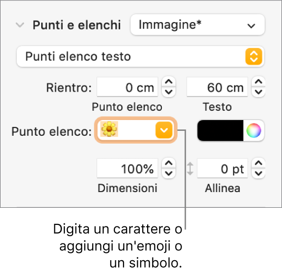 La sezione “Elenchi puntati” della barra laterale Formato. Nel campo “Punto elenco” viene visualizzata l’emoji di un fiore.