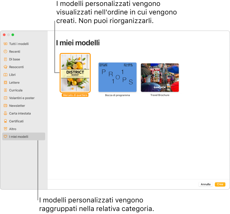 “Scelta modelli” con “I miei modelli” come ultima categoria a sinistra. I modelli personalizzati vengono visualizzati nell’ordine in cui sono stati creati e non possono essere riordinati.