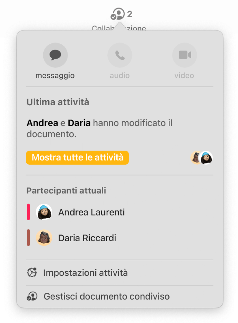 Il menu di collaborazione che mostra i nomi delle persone che stanno collaborando al documento.