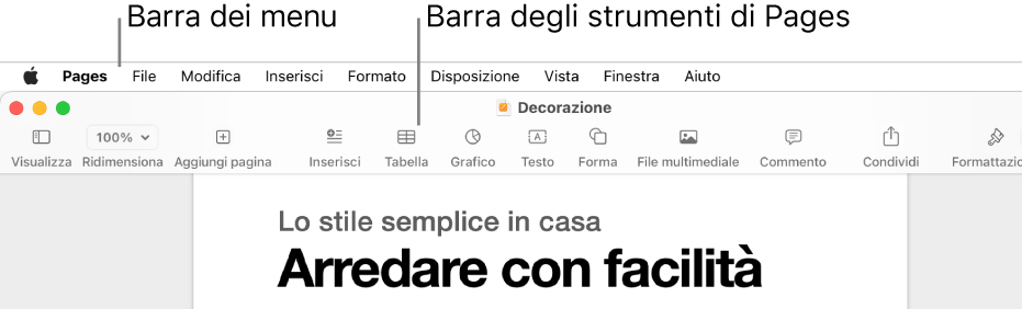 Barra dei menu nella parte superiore dello schermo con i menu Apple, Pages, File, Modifica, Inserisci, Formato, Disposizione, Visualizza, Finestra e Aiuto. Sotto la barra dei menu si trova un documento di Pages aperto con i pulsanti della barra strumenti nella parte superiore Visualizza, Ridimensiona, Aggiungi Pagina, Inserisci, Tabella, Grafico, Testo, Forma, Multimedia e Commento.