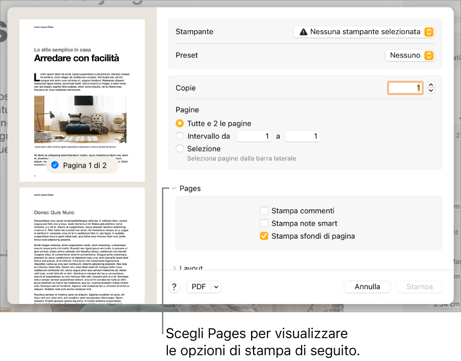 Finestra di dialogo Stampa con controlli per stampante, preset, copie e intervallo di pagine. Nel menu a comparsa sotto le impostazioni per l’intervallo di pagine, viene selezionato Pages, seguito dai riquadri per stampare commenti, note smart e sfondi di pagina.