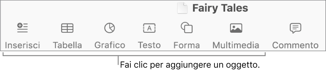 barra strumenti con pulsanti per aggiungere tabelle, grafici, testo, forme e file multimediali.