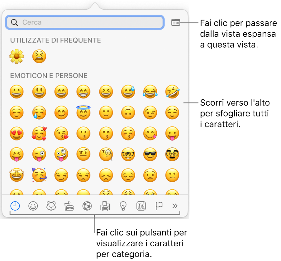 Finestra dei caratteri speciali con le emoticon, i pulsanti per i diversi tipi di simboli nella parte inferiore e la didascalia di un pulsante per mostrare l’intera finestra dei caratteri.