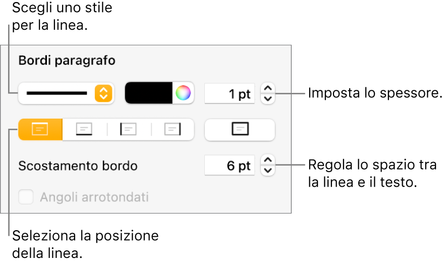 Controlli per modificare lo stile, lo spessore, la posizione e il colore della linea.