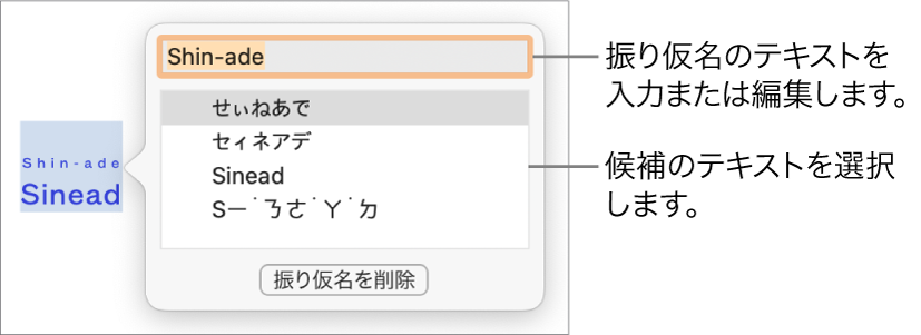 単語に開いた振り仮名。テキストフィールドおよび候補テキストのコールアウトが表示された状態。