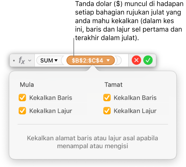 Editor formula dengan rujukan baris dan lajur dikekalkan.