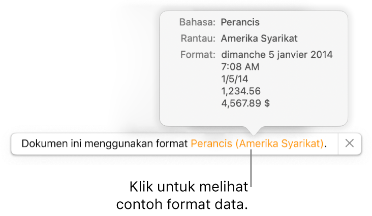 Pemberitahuan seting bahasa dan rantau berbeza, menunjukkan contoh format dalam bahasa dan rantau itu.