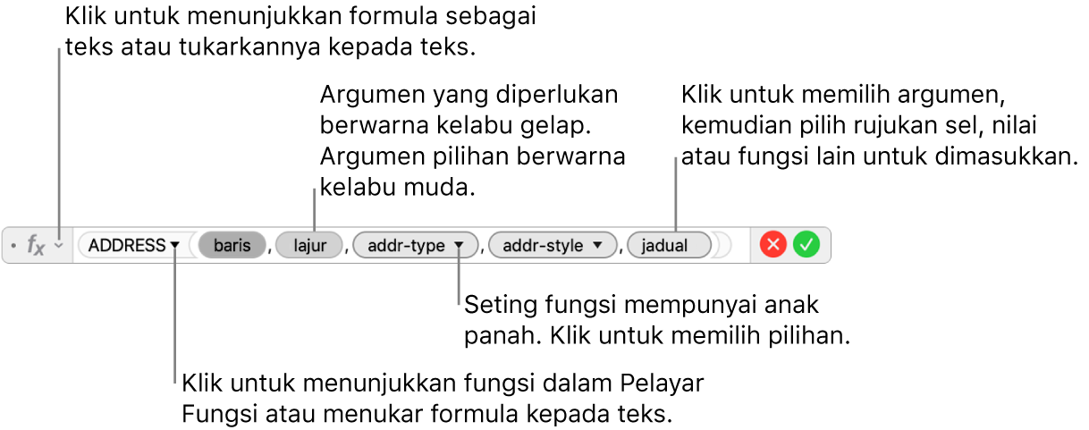 Editor formula menunjukkan fungsi ADDRESS dan token argumennya.