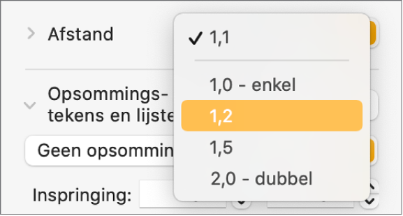 Het pop‑upmenu 'Afstand' met onder andere de opties 'Enkel' en 'Dubbel'.