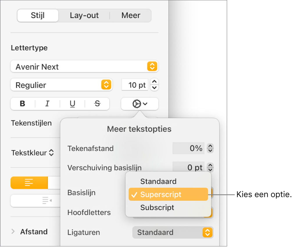 Het menu met geavanceerde opties waarin het pop‑upmenu 'Basislijn' geopend is met daarin de menuopties 'Standaard', 'Superscript' en 'Subscript'.