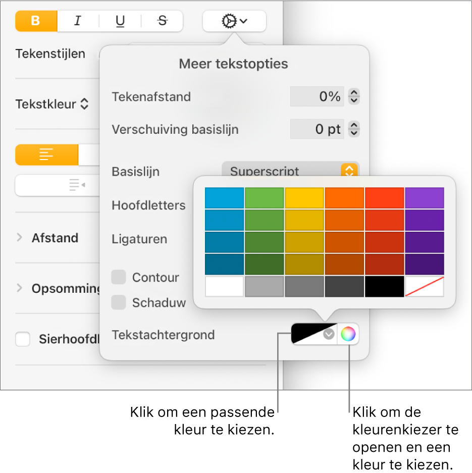 Regelaars voor het kiezen van een achtergrondkleur voor tekst.