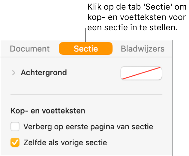 De navigatiekolom 'Document' waarin bovenaan de tab 'Sectie' is geselecteerd. In het gedeelte 'Kop- en voetteksten' in de navigatiekolom staan aankruisvakken naast 'Verberg op eerste pagina van sectie' en 'Zelfde als vorige sectie'.