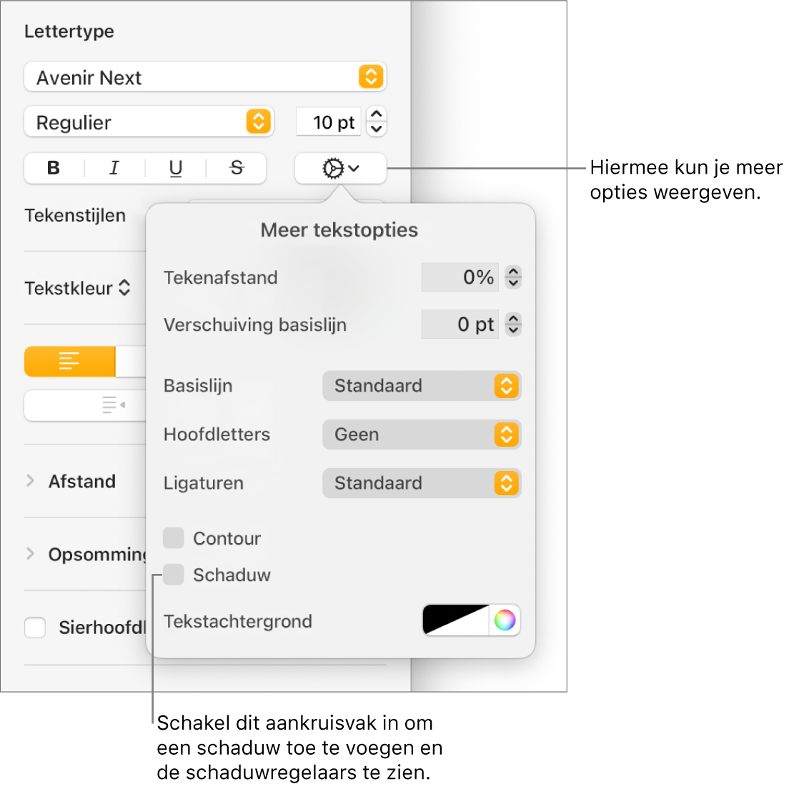 Het menu met geavanceerde opties met het aankruisvak 'Schaduw' ingeschakeld en regelaars voor het instellen van de vervaging, afstand, ondoorzichtigheid, hoek en kleur.