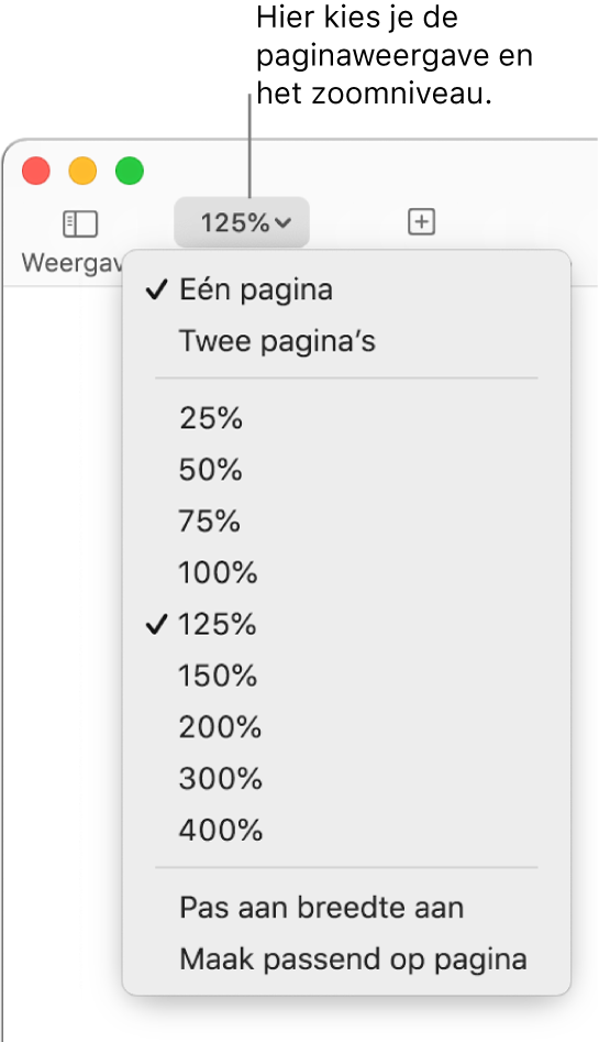 Het pop‑upmenu 'Zoom' met bovenaan opties voor het weergeven van één of twee pagina's, daaronder zoompercentages van 25% tot en met 400%, en onderaan de opties 'Pas aan breedte aan' en 'Maak passend op pagina'.