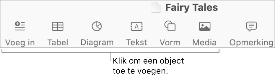 De knoppenbalk in Pages met de knoppen 'Voeg in', 'Tabel', 'Diagram', 'Tekst', 'Vorm' en 'Media'.