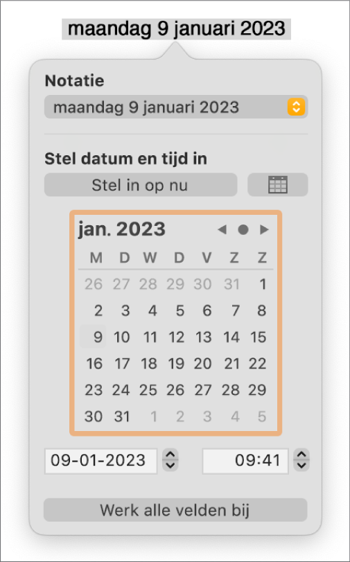 De regelaars voor datum en tijd met een pop‑upmenu voor de notatie en de regelaars voor 'Stel datum en tijd in'.