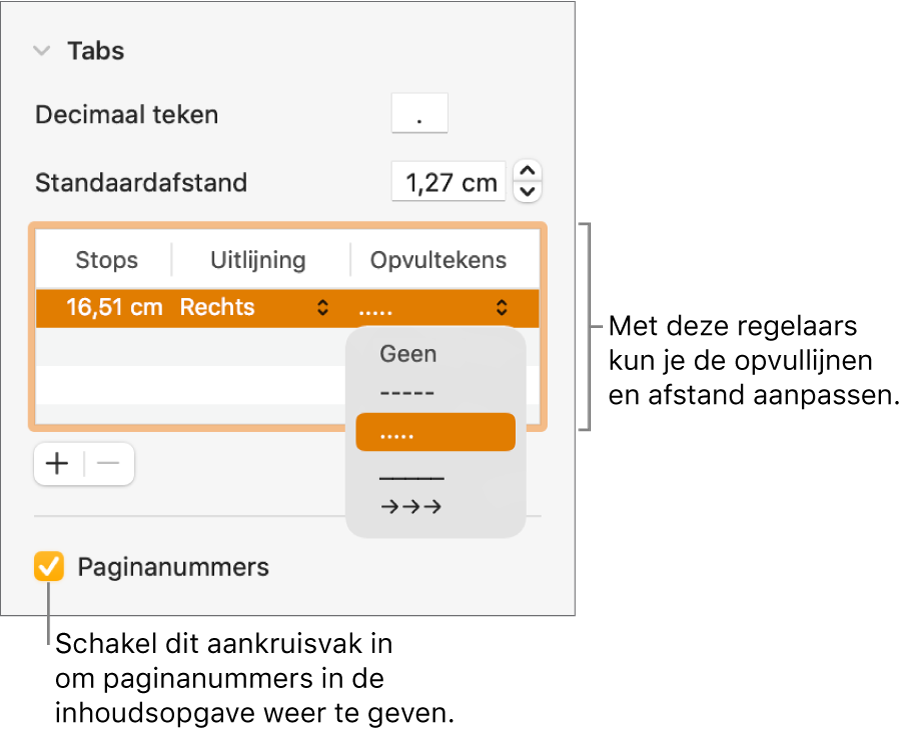 Het gedeelte 'Tabs' in de navigatiekolom 'Opmaak'. Onder 'Standaardafstand' staat een tabel met de kolommen 'Stops', 'Uitlijning' en 'Opvultekens'. Het aankruisvak 'Paginanummers' onder de tabel is ingeschakeld.