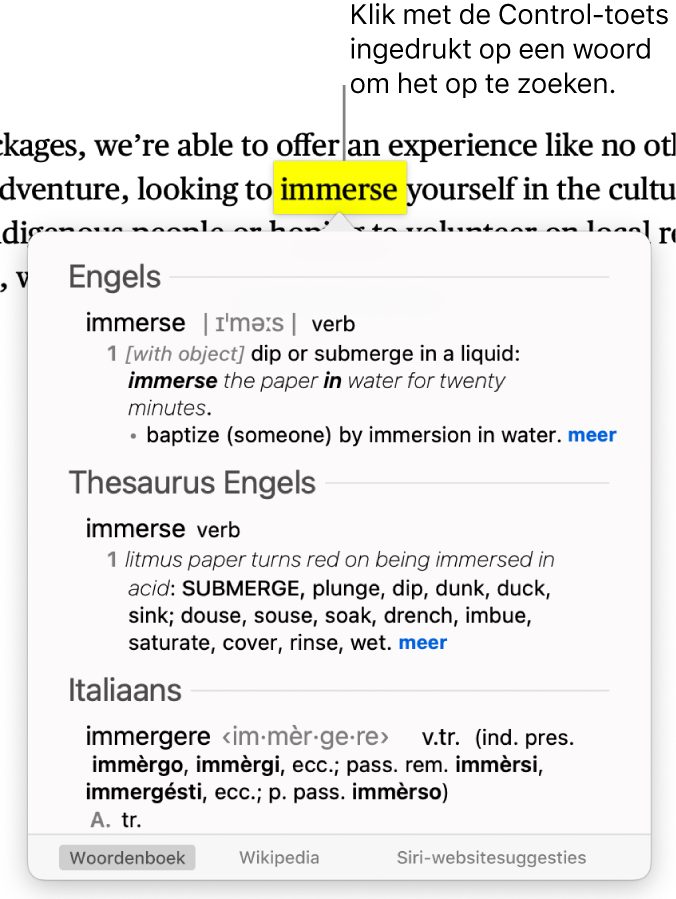 Een alinea met een gemarkeerd woord en een venster met daarin de definitie en een thesaurus-lemma van dat woord. Onder in het venster staan knoppen voor het woordenboek, Wikipedia en Siri-websitesuggesties.