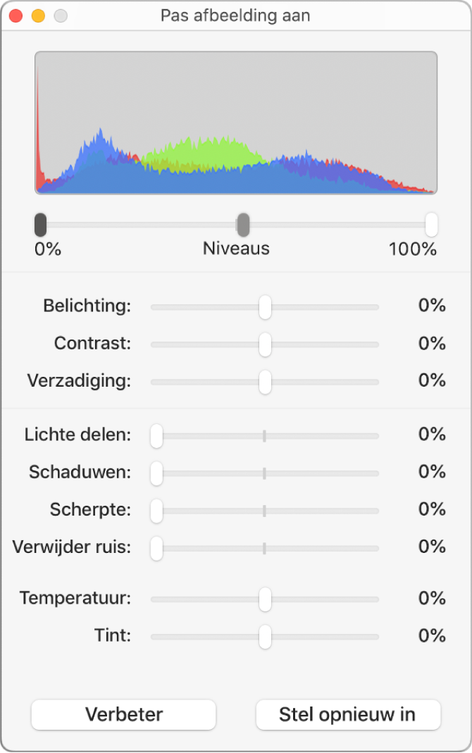 Het venster 'Pas afbeelding aan' met schuifknoppen voor de configuratie van belichting, contrast, verzadiging, markeringen, schaduwen, scherpte, ruisverwijdering, temperatuur en tint.