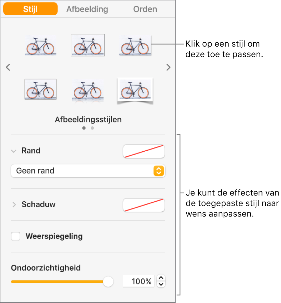 Het tabblad 'Stijl' van de navigatiekolom 'Opmaak' met stijlopties voor het object.