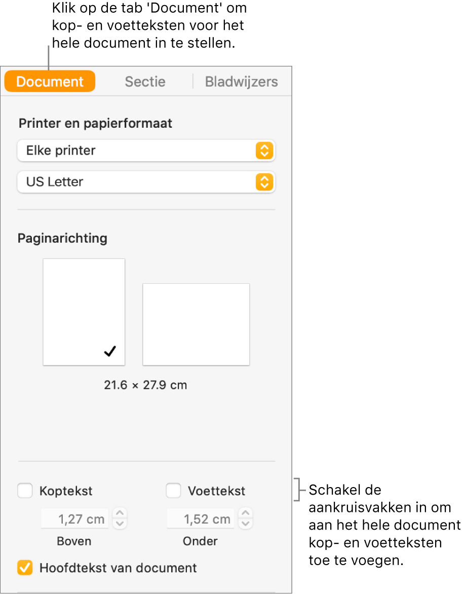 De navigatiekolom 'Document' waarin bovenaan de tab 'Document' is geselecteerd. Onder de aankruisvakken 'Koptekst' en 'Voettekst' staan pijlen waarmee je de afstand van de kop- en voettekst tot de boven- en onderkant van de pagina kunt wijzigen.