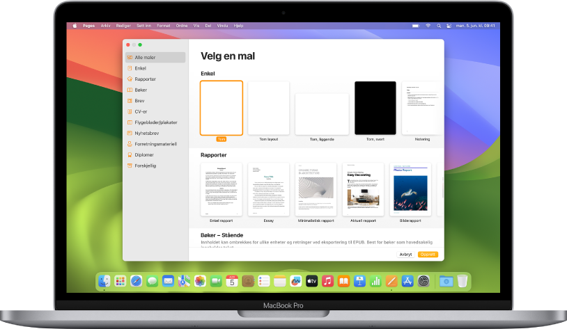 En MacBook Pro med Pages-malvelgeren på skjermen. Alle maler-kategorien er markert til venstre, og forhåndsdesignede maler vises til høyre i rader etter kategori.