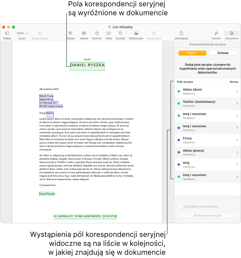 Dokument Pages z polami korespondencji seryjnej przeznaczonymi na dane odbiorcy i nadawcy. Na pasku bocznym Dokument widoczna jest lista wystąpień pól korespondencji seryjnej.