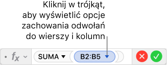 Edytor formuł pokazujący sposób zachowania wiersza i kolumny w odwołaniu do zakresu.