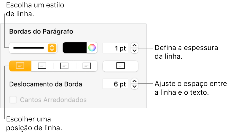 Controles para alterar o estilo, a espessura, a posição e a cor da linha.