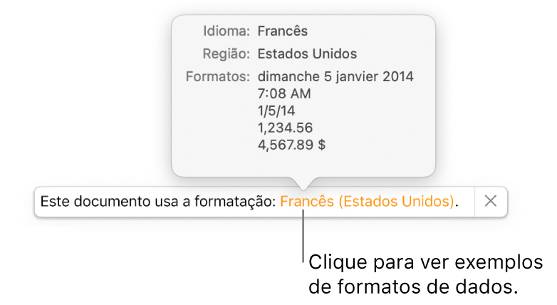 A notificação da configuração diferente de idioma e região, com exemplos de formatação no idioma e região diferentes.