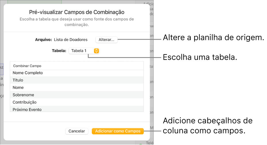 Painel “Pré-visualizar Campos de Combinação” aberto, com opções para alterar o arquivo ou tabela de origem, pré-visualizar os nomes dos campos de mala direta ou adicionar os cabeçalhos de colunas como campos.