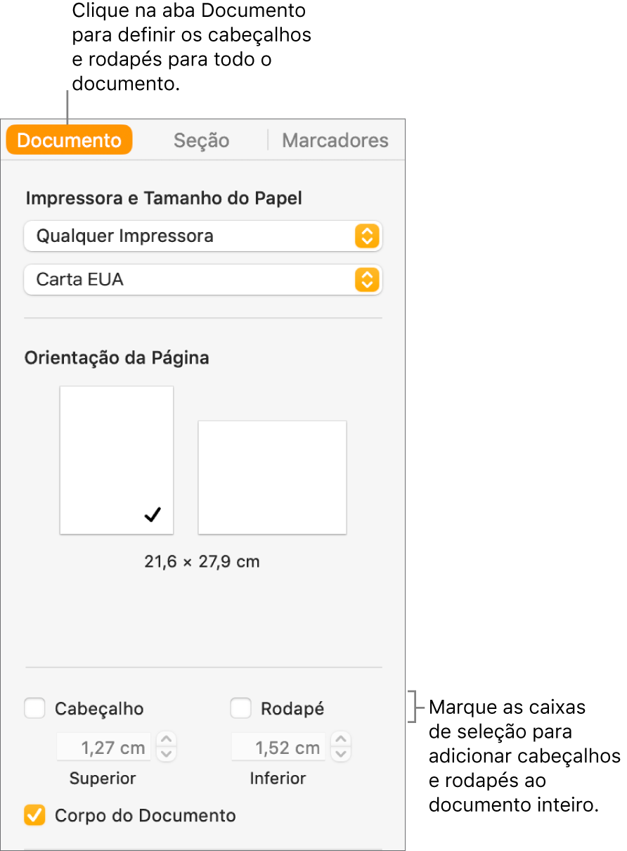 Barra lateral Documento com a aba Documento na parte superior da barra lateral selecionada. Abaixo das caixas de seleção de Cabeçalho e Rodapé, há setas para alterar a distância dos cabeçalhos e rodapés até a parte superior e a parte inferior da página.