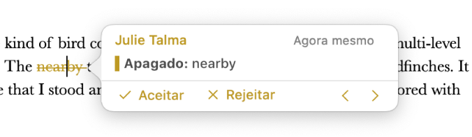 Texto apagado com um comentário aberto e botões "Aceitar”, “Rejeitar” e setas de navegação. O registo de alterações mostra o nome do autor e a data.