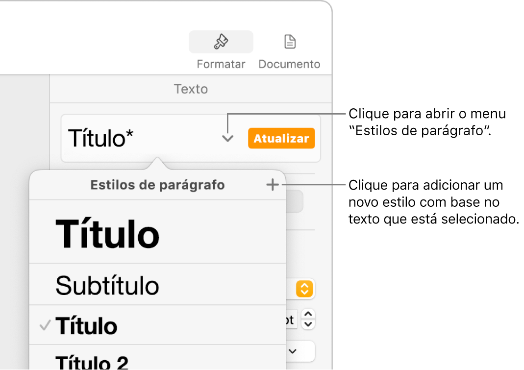 O menu “Estilos de parágrafo”, mostrando os controlos para adicionar ou alterar um estilo.