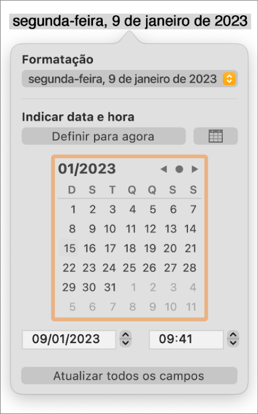 Os controlos “Data e hora” a mostrar um menu pop-up para "Formatação” e os controlos “Indicar data e hora”.