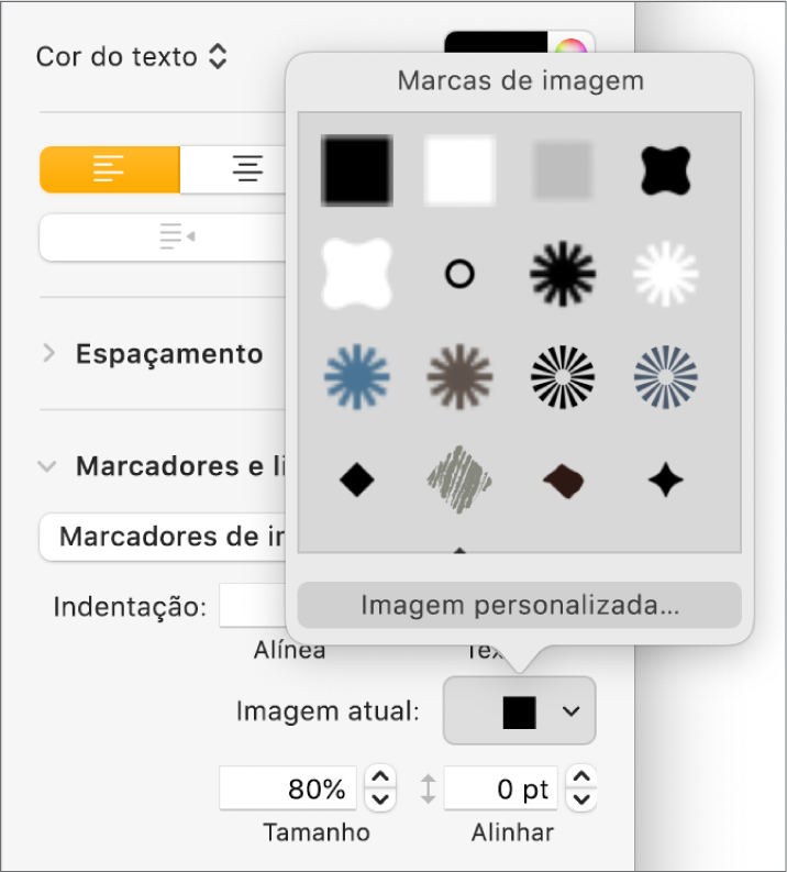 Menu pop-up “Marcas de imagem”.