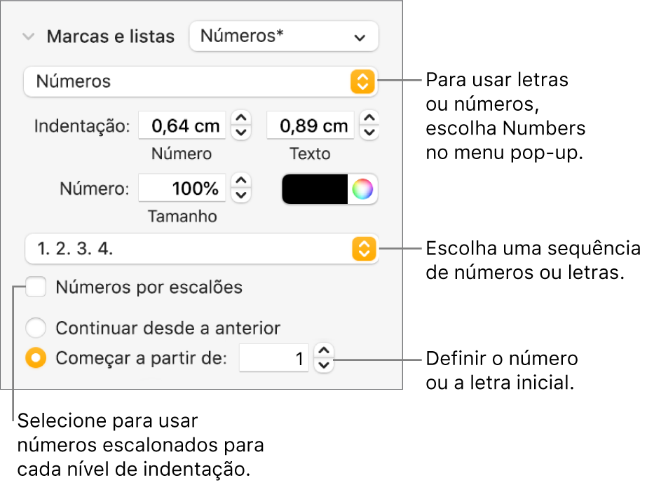 Controlos para alterar o estilo de número e o espaçamento de uma lista.