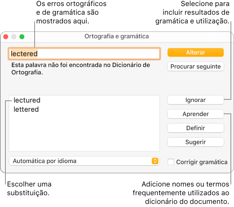 A janela “Ortografia e gramática”.