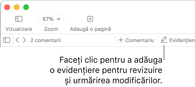 Bară de meniu afișând meniul Inserare și sub acesta, bara de instrumente Pages cu instrumentele de revizie afișate și explicație la butonul Evidențiere.