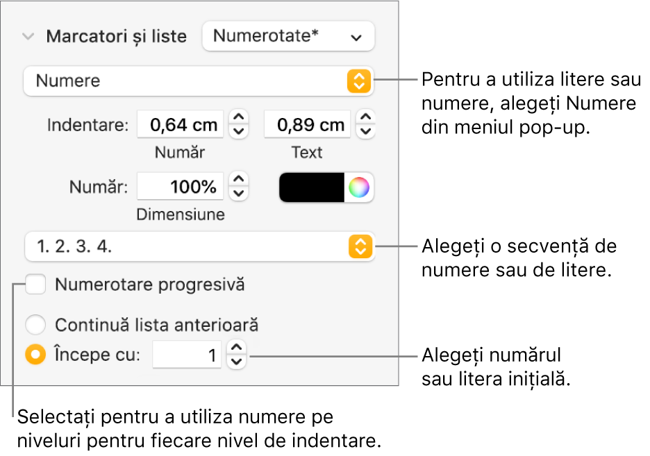 Comenzi pentru a modifica stilul de numere și spațierea unei liste.