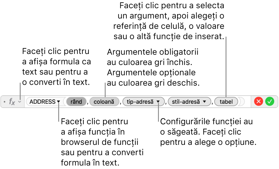 Editorul de formule afișând funcția ADDRESS și tokenurile argumente.